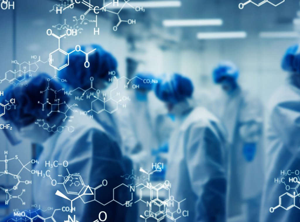 Chemieingenieure im Labor mit eingeblendeten chemischen Strukturen